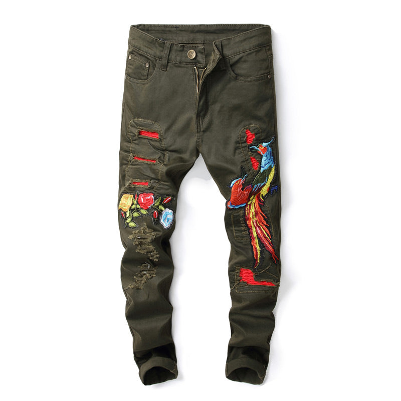 Men's ripped embroidered jeans