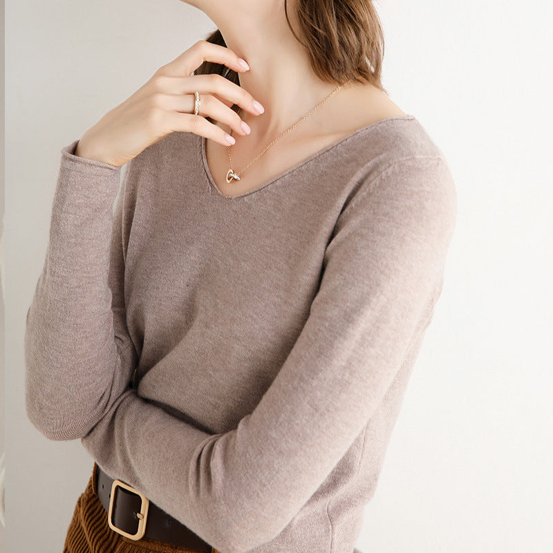V-Neck Loose Sweater Women Long Sleeve Solid Color