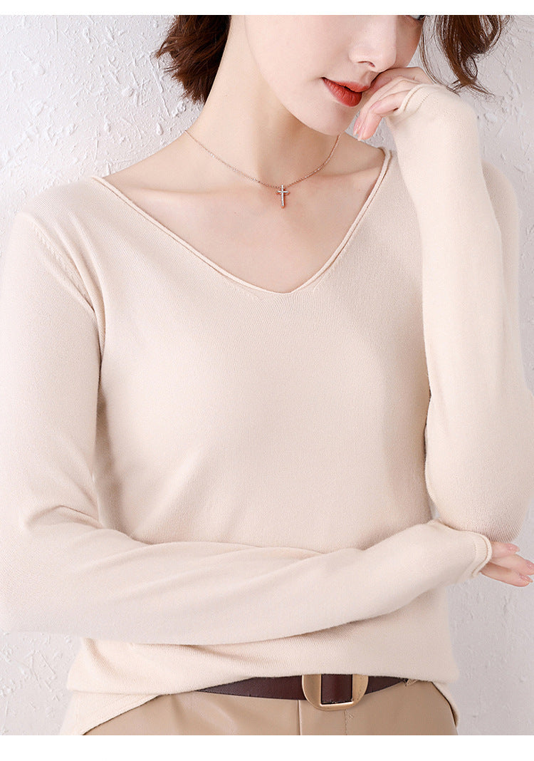 V-Neck Loose Sweater Women Long Sleeve Solid Color