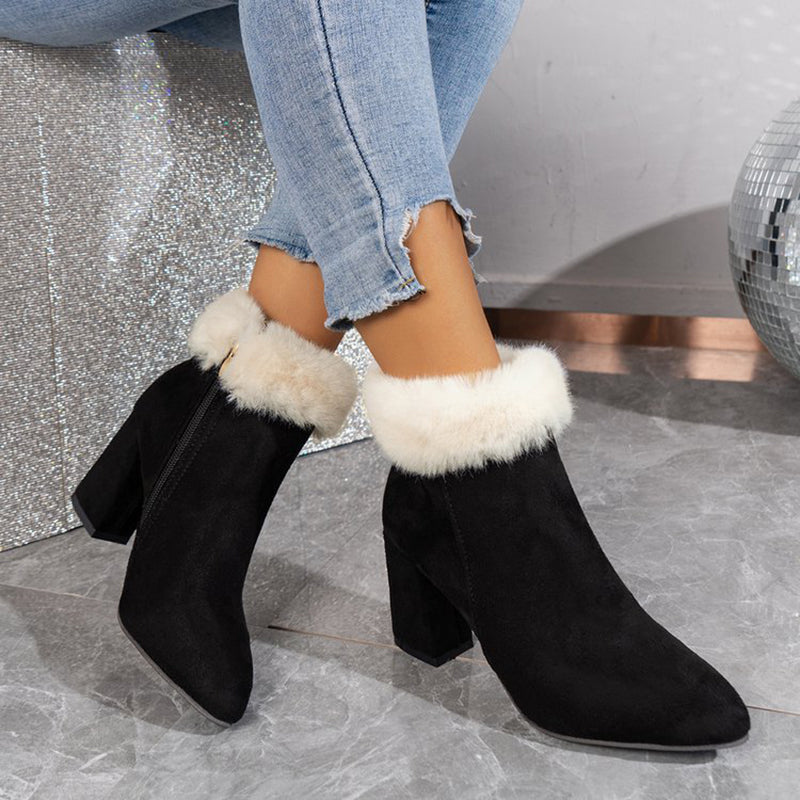 Plaid Print Plush Ankle Boots Winter Fashoin Square Heel Suede Boots Women Casual Versatile Shoes Autumn And Winter